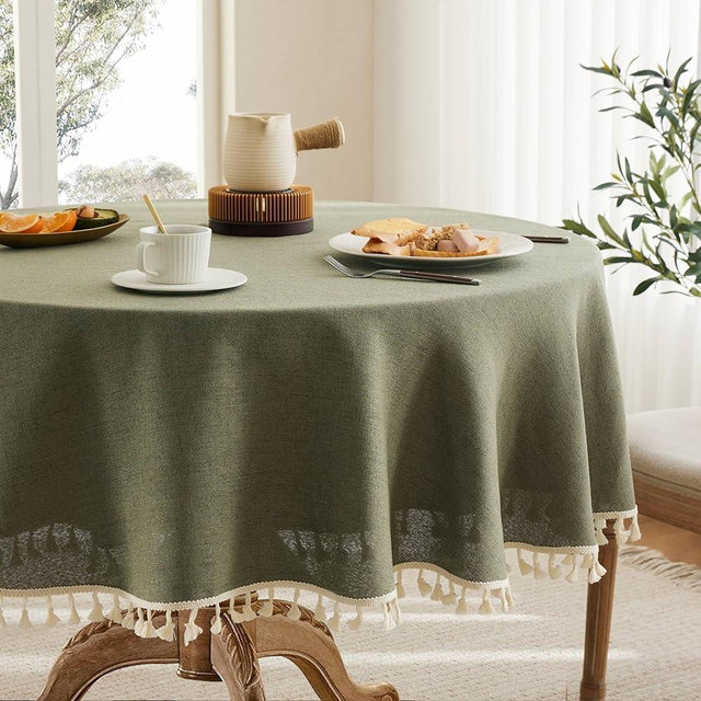 YZJZEDS Linen Tablecloth with Tassels, Farmhouse Style GreenTablecloth, Water Resistant Burlap Tablecloths for Round Table, 52 Inch Round Olive
