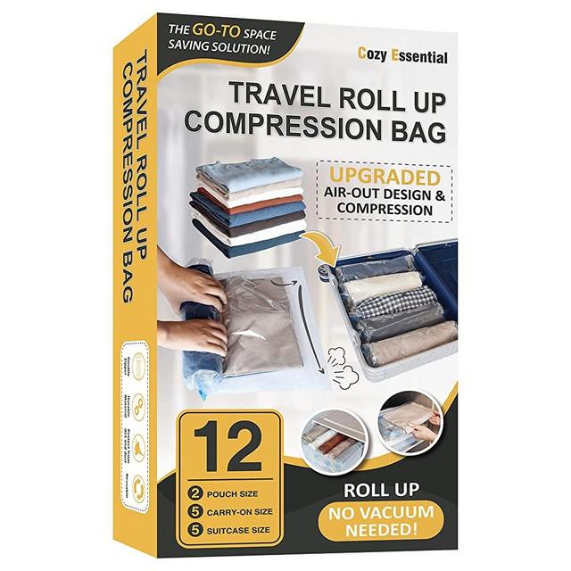 12 Travel Compression Bags Vacuum Packing, Roll Up Travel Space Saver Bags for Luggage, Cruise Ship Essentials (5 Large Roll/5 Medium Roll/2 Small Roll)