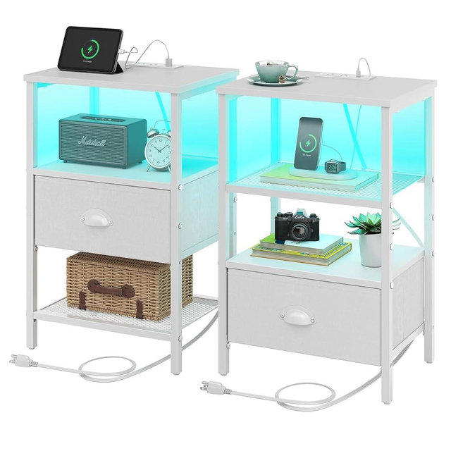 Sthmec Nightstands Set of 2, LED Bedside Tables with Charging Station and Fabric Drawer, Night Stand with Storage, 3 Tier Side Table with Open Shelf, LED Nightstand with Charging Station, White