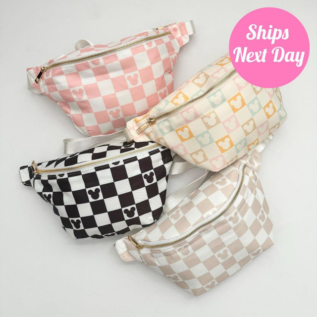 Jumbo Fanny Pack; Disney Black and White Check, Nylon, Disneyland Accessory, Colored Checkered, Belt Bag