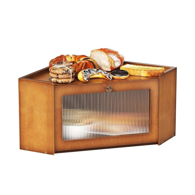 Trironsun Corner Bamboo Bread Box for Kitchen Counter Large Capacity Rustic Bread Storage Container with Wavy Arcylic Transparent Door Vintage Storage for Homemade Bread (Brown)