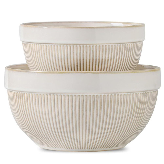 TEAKISS Ceramic Large Yellow Stripe Mixing Bowls for Kitchen, Set of 2 Big Serving Bowls for Cooking, Popcorn, Salad, Soup, Baking, Dough Bread Making Bowl, 10 inch + 8 inch, White