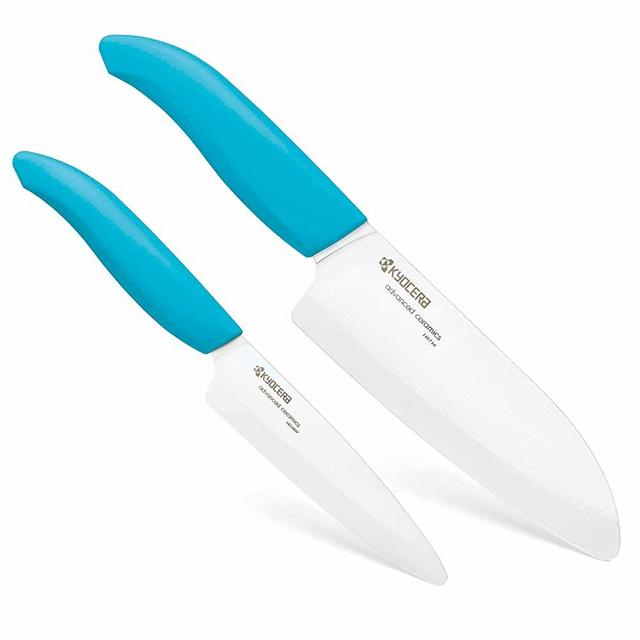 Kyocera Revolution Series 2-Piece Ceramic Knife Set: 5.5-inch Santoku Knife and a 4.5-inch Utility Knife, Blue Handles with White Blades