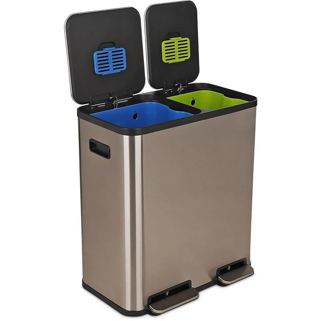 70 Liter / 18.5 Gallon Rectangular Hands-Free Dual Compartment Recycling Kitchen Step Trash Can with Soft-Close Single Lid, Stainless Steel (40L x 30L Capacity) Rose Gold Finish