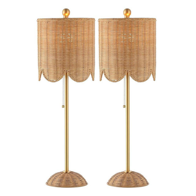 JONATHAN Y JYL1138A-SET2 Celerie 27.5" Coastal Bohemian Rattan/Iron Scalloped Buffet LED Table Lamp with Pull Chain, Natural/Brass Gold (Set of 2), for Entry Console, Bedroom, Dining Room