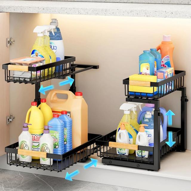 Pull out Cabinet Organizer, 2 Tier Under Sink Organizer, Slide out Metal Kitchen Cabinet Organizers Drawer Shelf, Sliding Storage Shelves for Kitchen Bathroom Pantry Cabinet Closet Organization Rack