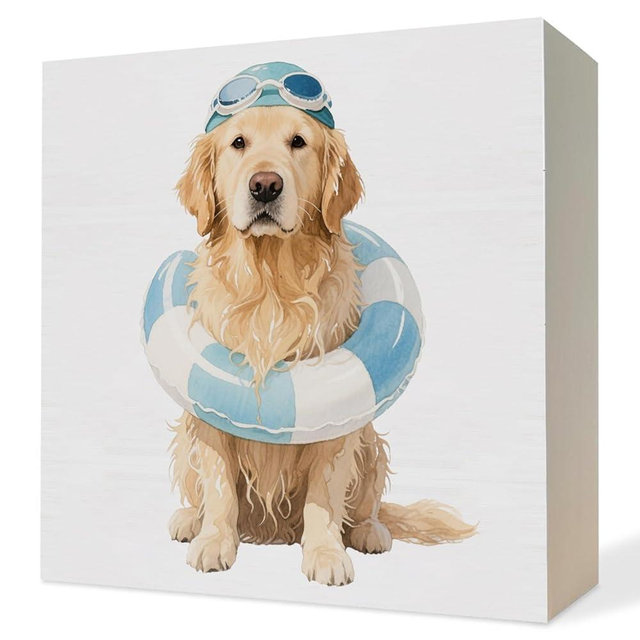 ATBWGT Funny Golden Retriever Swim Wooden Box Sign,Swim Sports Golden Dog Gifts for Women Men,Golden Retriever Wood Block Plaque Signs for Home Office Desk Table Shelf Decor,5x5 Inch
