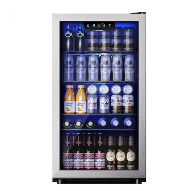 SIMZLIFE - 130 Can Beverage Refrigerator and Cooler with Glass Door for Home, 17.3 in D, 31.3 in H, 3.2 cubic feet - Silver