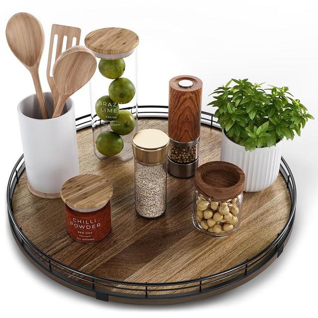 Acacia Wood 16" Lazy Susan Turntable Organizer for Table Top, Farmhouse Large Round Lazy Susan for Cabinet Kitchen Centerpieces Dining Table, for Condiments Charcuterie, Bathroom Vanity Tray Decor