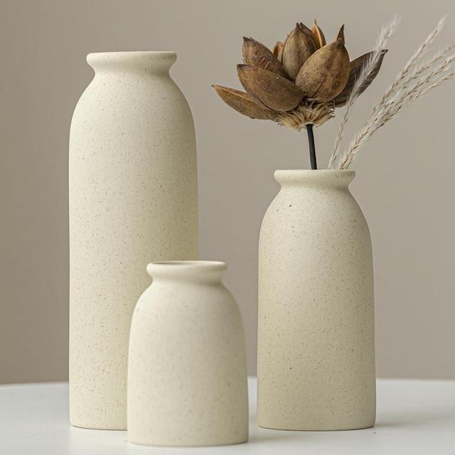 Ceramic Vase Set-3, Small Flower Vases for Decor, Modern Boho Farmhouse Style, Decorative Vases for Pampas Grass & Dried Flowers, Distressed Finish (Beige)