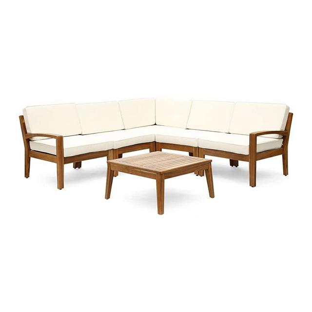 Great Deal Furniture Roy Outdoor Acacia Wood 5 Seater Sectional Sofa Set with Coffee Table, Teak and Beige