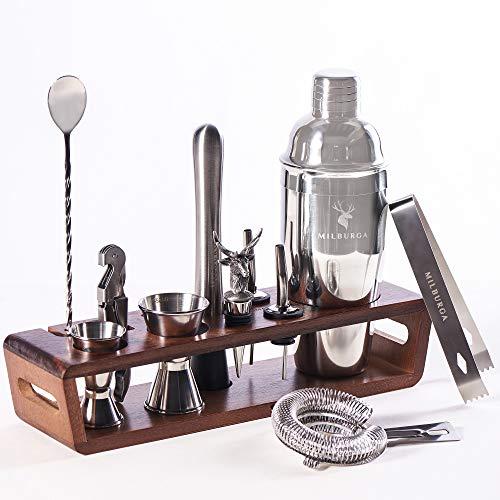 MILBURGA Complete Bartender Kit with Wooden Stand - Premium 12-Piece Cocktail Shaker Set with Bar Essentials & Home Barware Mixing Accessories – Professional Mixology Bartending Drink Mixer Tool Set