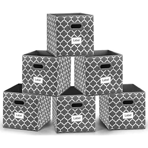 homyfort Foldable Storage Cube Bins 12x12 inches, Fabric Storage Bin Baskets Box Organizer with Labels and Dual Plastic Handles for Shelf Closet, Nursery, Set of 6 (Grey