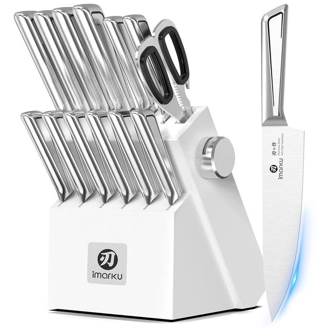 imarku 14-Piece Knife Set with Block, Built-in Sharpener, High Carbon Stainless Steel Kitchen Knives, Dishwasher Safe, Rust Resistant, Non-Slip Handle – Gift for Home Cooks & Chefs, White