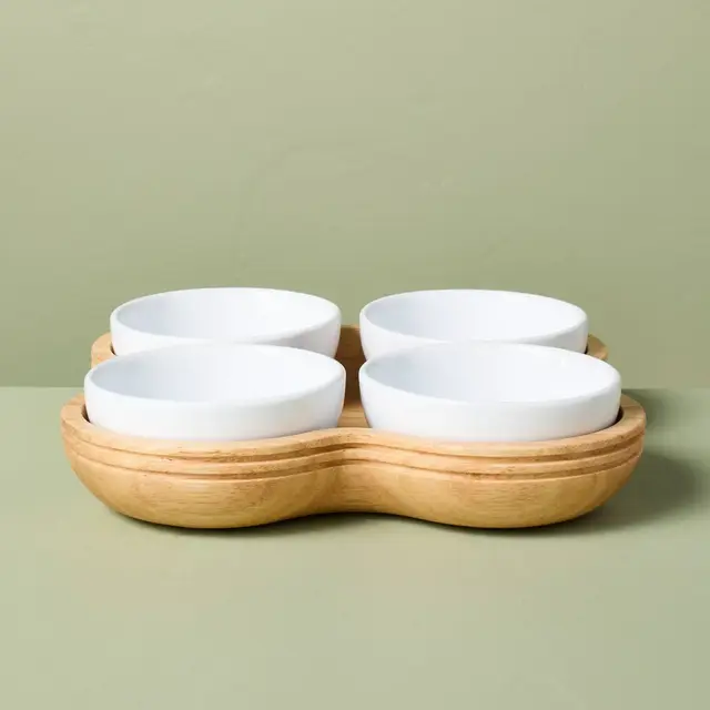 5pc Wood Serving Tray with Ceramic Bowl Inserts Brown/Cream - Hearth & Hand™ with Magnolia