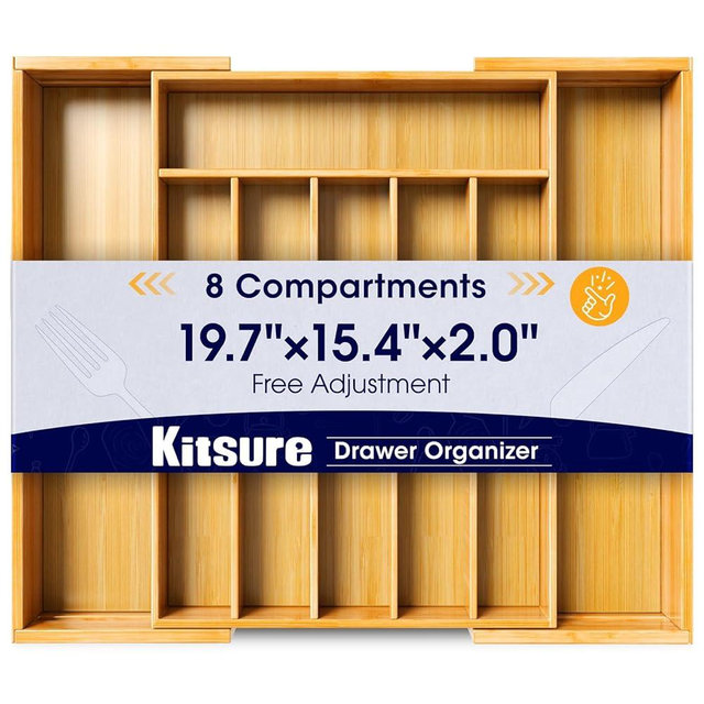 Kitsure Extra Large Bamboo Silverware Organizer - Expandable Drawer Organizer for Utensil, Cutlery and Flatware, Kitchen Storage Solution with 6 to 8 Slots, Natural, 19.7" × 15.4" × 2.0"