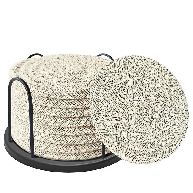 Lazebox Coasters Set of 8 for Drinks, Beer, Coffee, Cotton Woven 4 Colors Absorbent Coaster with Holder, Boho Coasters for Home Decor Tabletop Protection Suitable for Kinds of Cups, Brown