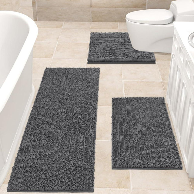 ACCUMTEK Upgrade Extra Large Grey Bathroom Rug Set 3 Pieces Gray Ultra Soft, Thick Absorbent Bath Mats, Non Slip Chenille Toilet Mat for Bathroom, Bedroom, Kitchen, Charcoal