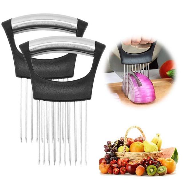 2024 Upgraded Onion Holder for Slicing, New Stainless Steel Onion Slice Holder Lemon Slicer Vegetable Cutter, Kitchen Chopper Slicing Assistant Tool for Meat, Onion, Potato, Tomato (2 Pack)