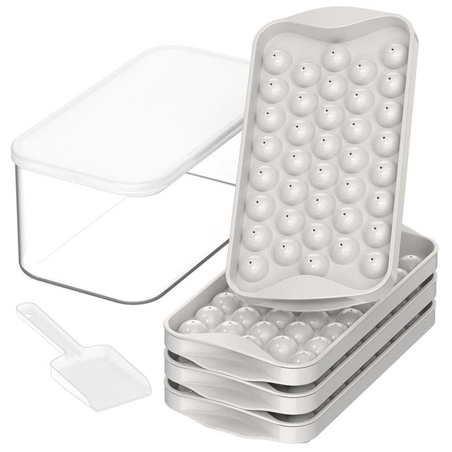 DOQAUS 4 Pack Round Ice Cube Trays with lid and Bin, Easy Pop Out with Cover for Freezer, Compact Storage Ice Bucket Kits, Scoop for Baby Food, Cocktail, Coffee