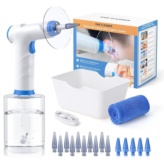 Ear Wax Removal, Electric Ear Cleaning Kit with Light, FSA HSA Eligible, Ear Irrigation Kit with 4 Pressure Modes, Safe and Effective Ear Flush Kit with Ear Cleaner - Includes Basin, Towel & 15 Tips