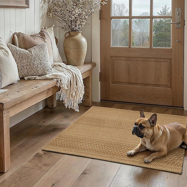MatEssenz 2x3 Textured Washable Entry Rug, Natural Woven Low-Profile Door Mat with Non-Slip TPR Backing, Light Brown, for Entryway, Kitchen, Laundry Room