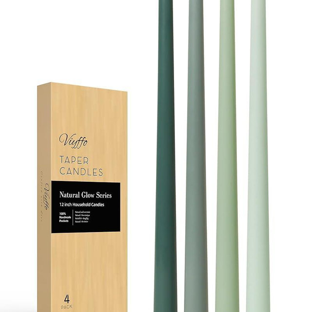 Viyffo Taper Candles 12 Inch Green Set of 4 Unscented, Dripless, Smokeless Long Tall Tapered Candlesticks Wedding Advent Home Decor Dinner Christmas-Natural Color Series