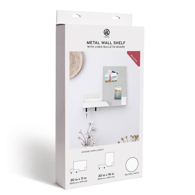 U Brands Metal Wall Shelf with Linen Bulletin Board - White