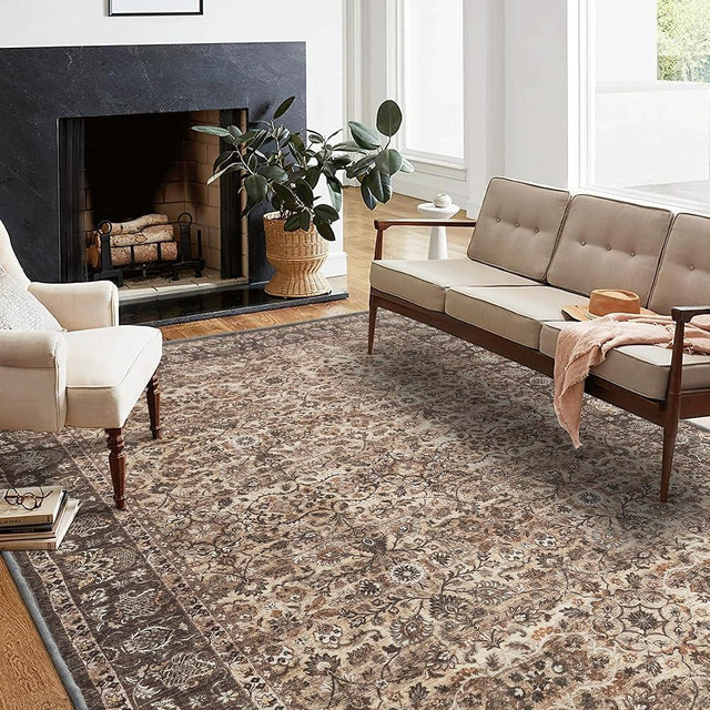 RYB HOME 9x12 Large Area Rug for Living Room, Soft Washable Non-Slip Stain Resistant Easy Care Thin Vintage Floral Carpet for Bedroom, Brown