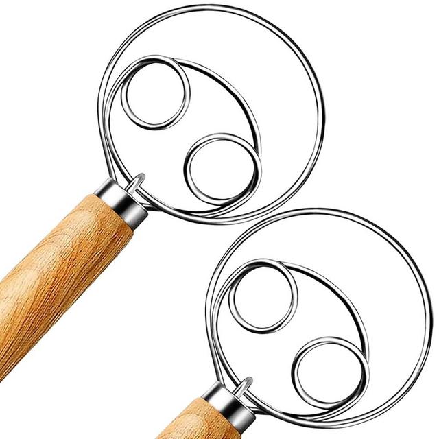 2-Pack Danish Dough Whisk, Dough Whisk/Bread Whisk Sourdough Bread Baking Supplies for Cake Bread Pizza Pastry Biscuits, Wooden Hand Stainless Steel Ring Sourdough Baking Dough Mixer