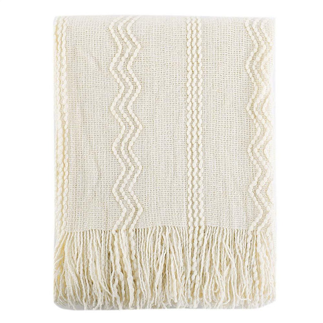 BATTILO HOME 100% Acrylic Knitted Throw Blanket Super Soft Textured Solid Decorative Throw Blanket with Tassels Cozy Plush Lightweight Fluffy Woven Blanket for Bed Sofa (Cream, 50"x60")