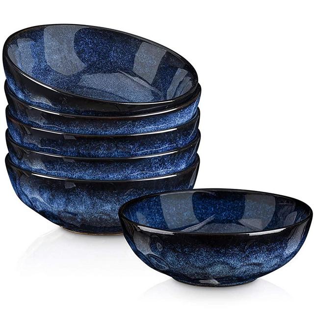 VICRAYS Ceramic Pasta Bowls Set, 32 Ounce Soup Bowls, Large Salad Bowls, Chip Resistant, Dishwasher Microwave Safe, Fluted stoneware Bowls for Kitchen, Serving Bowls, Set of 6 (Blue)