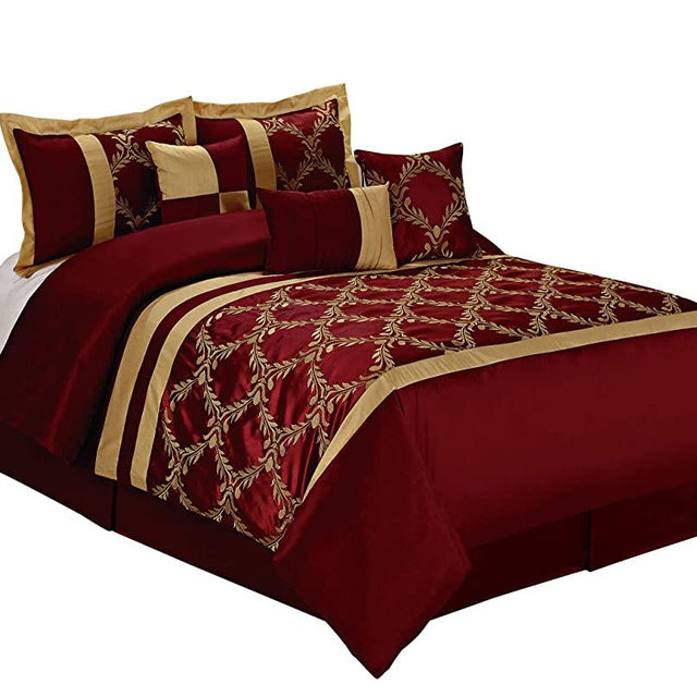 HIG 7 Piece Comforter Set King- Burgundy and Gold Faux Silk Fabric Embroidered- Claremont Bed in A Bag King Size- Smooth and Good Gloss-1 Comforter,2 Shams,3 Decorative Pillows,1 Bedskirt