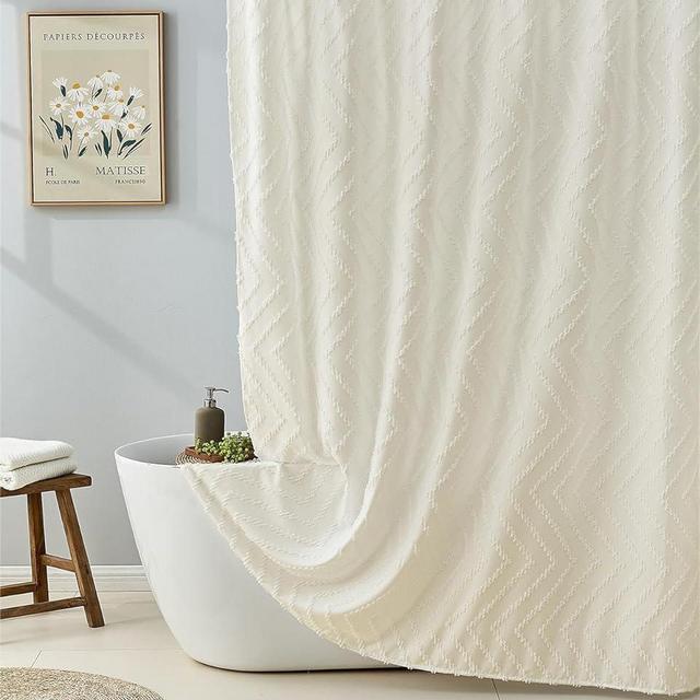 Lotus Karen Cream White Boho Shower Curtain 72 x 72 Inches - Modern Tufted Chevron Striped Bathroom Shower Curtain Farmhouse Shaggy Chic Waterproof Fabric Shower Curtains