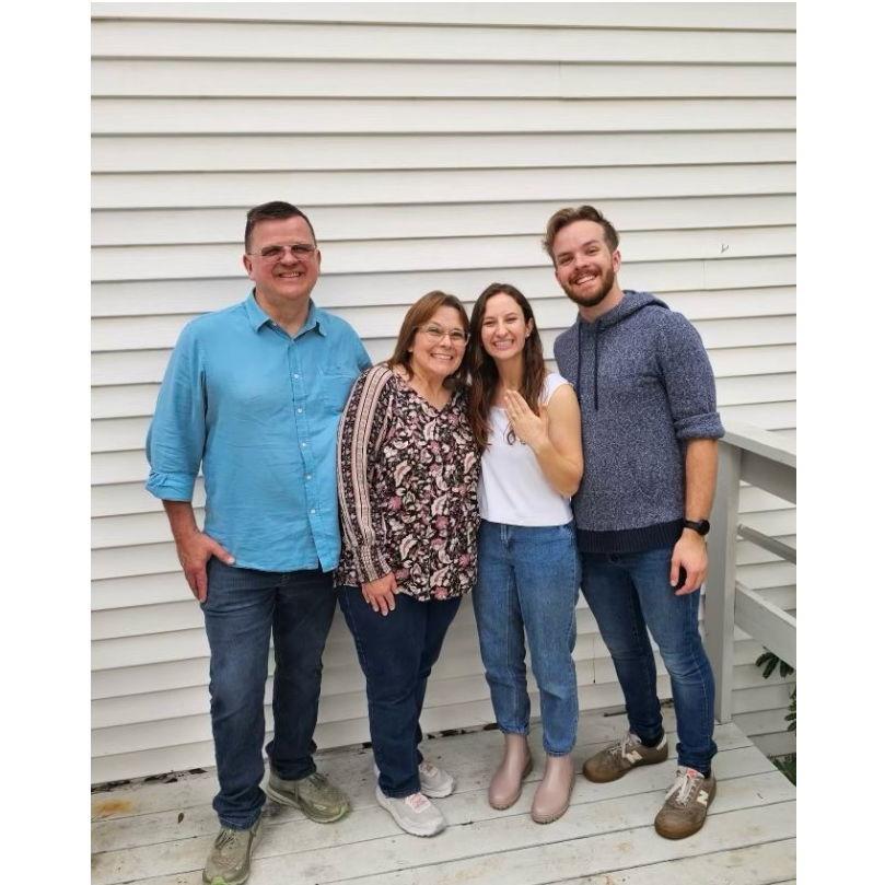 11/9/24 Bailey and Steven with Steven's parents, Tony and Melissa! Tony and Brandon led prayer over the (SUPER) happy couple to end the party. So sweet!