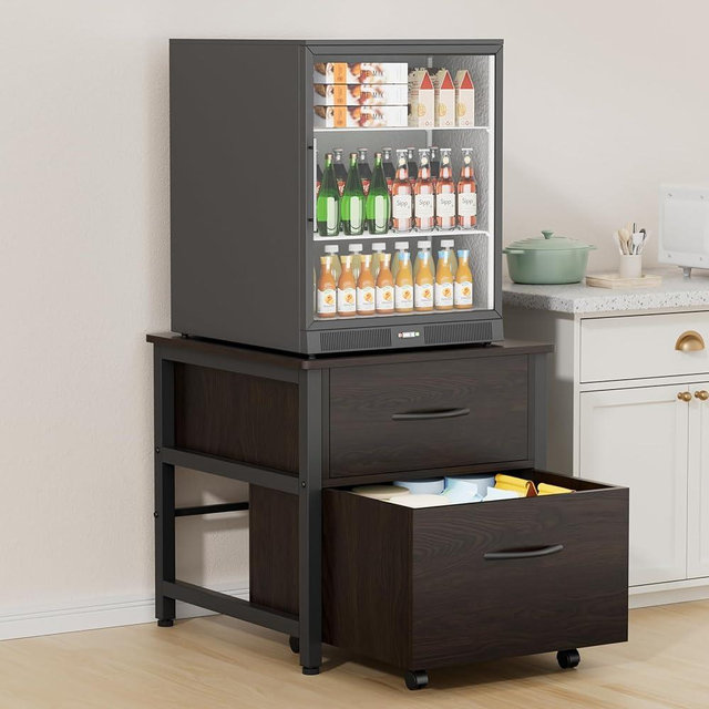 COOLBEBE Mini Fridge Stand with 2 Storage, 22" D x 23" W Heavy Duty Fridge Cabinet, Beverage Refrigerator Table Stand for Dorm, Home, Office, Bedroom, Black Walnut