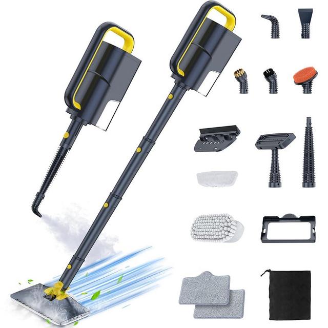 ScrubWiz Steam Mop Cleaner with Detachable Handheld Steamer, 10-in-1 Multi Accessories, Washable Microfiber Pads, 350ml and 2 Adjustable Levels for Cleaning Floor, Carpet, Tiles, and Grout, Gray