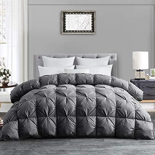 HOMBYS All-Season Goose Down Comforter King Size Duvet Insert Feather Hypo-allergenic Grey Pinch Pleat 100% Cotton Cover Down Proof with Corner Tabs Premium Baffle Box Design-Gray Down Comforter