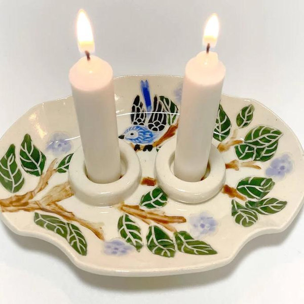 Blue Bird Porcelain Candlesticks Dish by Goodstein Ceramics