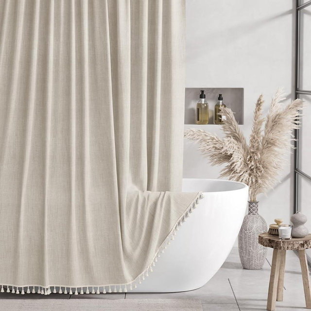 AmazerBath Shower Curtain, Natural Linen Shower Curtain with Beige Tassel Shower Curtain Boho Rustic Fabric Shower Curtain with 12 Plastic Shower Curtain Hooks for Neutral Country Bathroom, 72"x72"