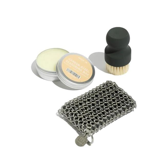 Made In Cookware - 3-Piece Carbon Steel Cleaning Set - Includes Chain Mail Scrubber, Cleaning Brush and Carbon Steel Seasoning Wax