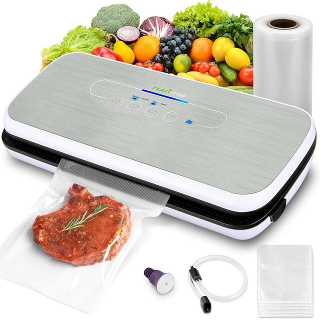 NutriChef Automatic Food Vacuum Sealer, Electric Air Sealing Preserver System for Dry and Moist Foods, LED Control, Strong Suction, Includes Bags, Wine Stopper Cork, and Air Suction Hose, 14”x6”x3”