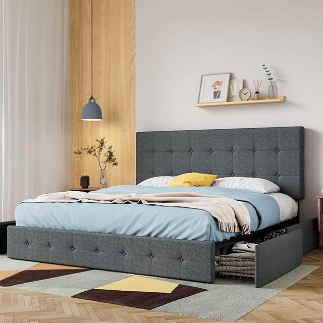 SHA CERLIN King Platform Storage Bed Frame with 4 Drawers, Adjustable Headboard with Square Stitched Button Tufted Design, No Box Spring Needed,Dark Grey