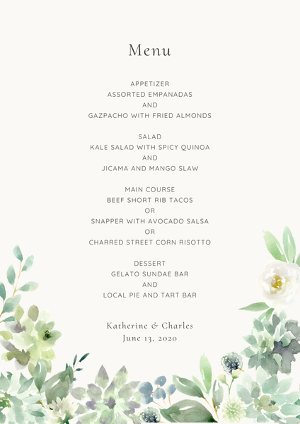 Zola Wedding Menus - Cricket