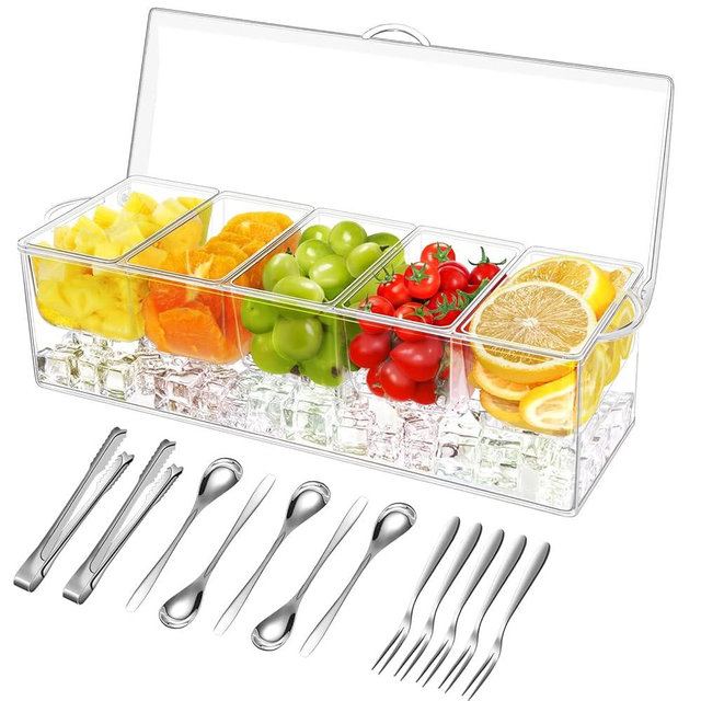 FODIENS 5 Compartment Condiment Server, Ice Chilled Condiment Containers with Lid, Clear Condiment Caddy Serving Tray on Ice with 5 Serving Spoons 5 Fruit Forks 2 Serving Tongs