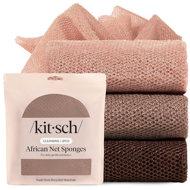 Kitsch African Net Sponge – Exfoliating Body Scrubber for Cleansing & Gentle Daily Exfoliation – Stretchable Bath Sponge for Hard-to-Reach Areas, Long-Lasting Shower Essential - Rosewood, 3 Pcs