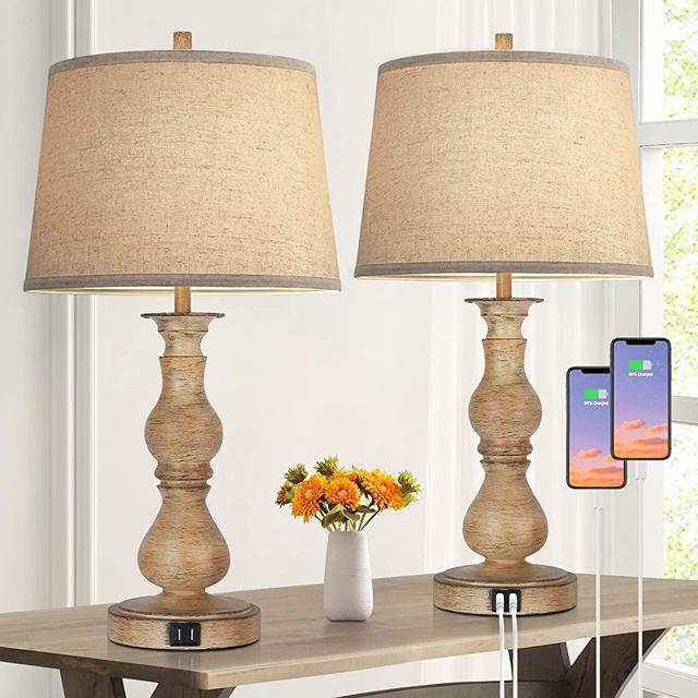 Set of 2 Touch Control Farmhouse Table Lamps, Bedroom Lamp Sets for Nightstand with 2 USB Ports, Rustic 3-Way Dimmable Bedside Lamps for Bedroom Living Room Guest Room, Cream Shades, Bulbs Included