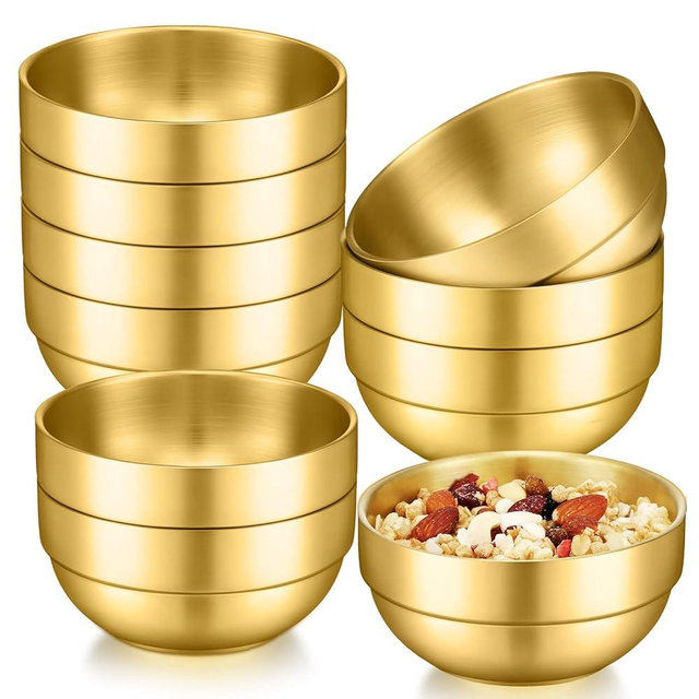Lallisa 10 Pieces Gold Mixing Bowls Double Wall Thick 304 Metal Stainless Steel Bowls for Wedding Party Rice Noodle Fruit Salad Soup Facial Serving Cooking Baking Storing(4.1 Inches)