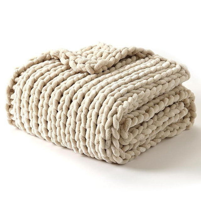 YnM Chunky Throw Blanket, Hand Knitted with Chenille Yarn, Skin Friendly, Ventilated and Breathable, Machine Washable, Home Décor Piece for Couch, Sofa and Bed (Butter Cream, 40x50 Inch)
