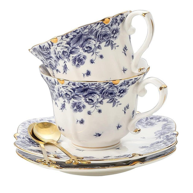 TATSUMI Country Roses Bone China Tea Cup and Saucer Set, 6 Pieces, Vintage Style, For Women and Tea Parties（sky blue，2 sets）